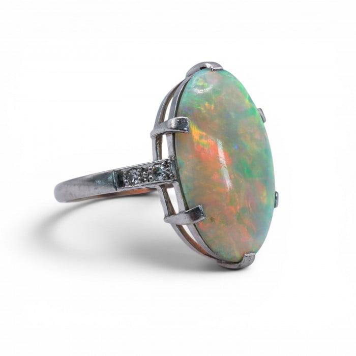 Art Deco Opal, Diamond and Platinum Ring, Circa 1930
