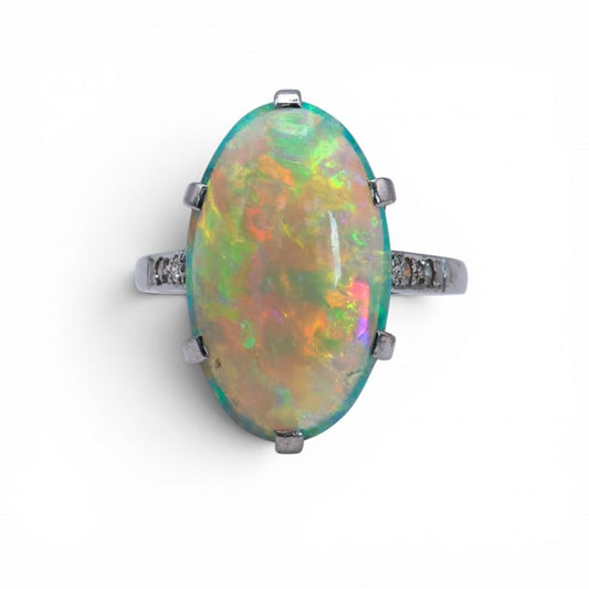 Art Deco Opal, Diamond and Platinum Ring, Circa 1930