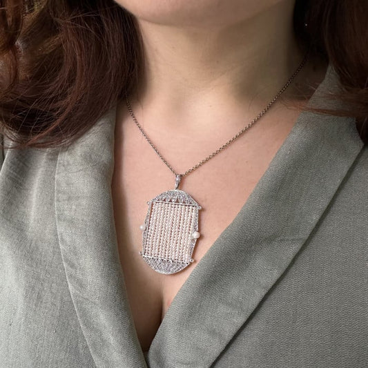 Art Deco Pearl Diamond and Platinum Pendant, Circa 1930