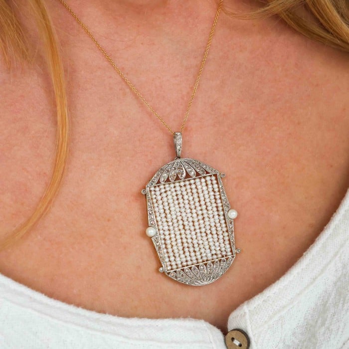 Art Deco Pearl Diamond and Platinum Pendant, Circa 1930