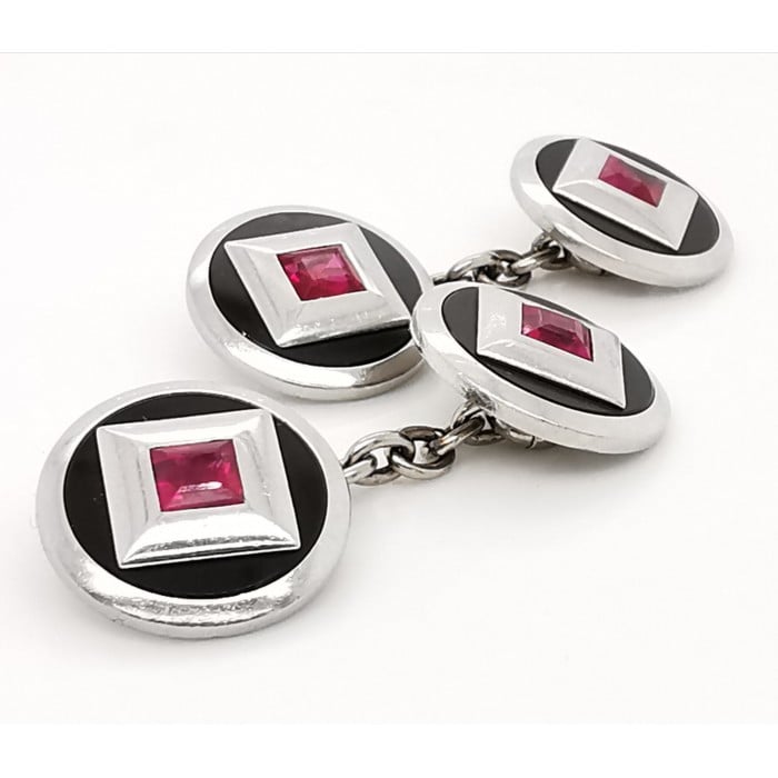Art Deco Ruby, Black Onyx and Platinum Cufflinks, Circa 1930