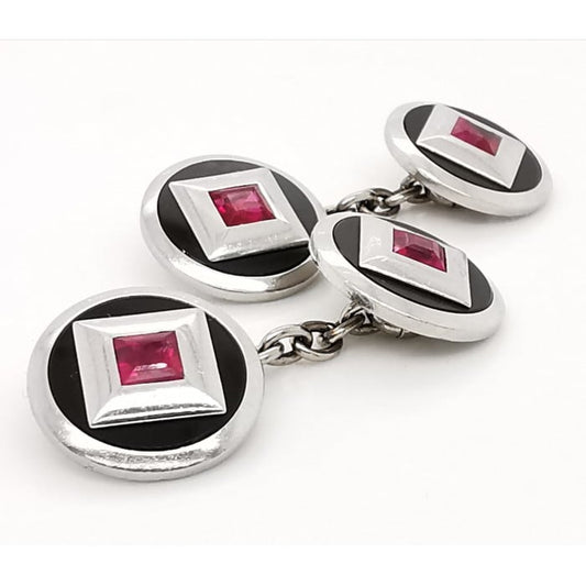 Art Deco Ruby, Black Onyx and Platinum Cufflinks, Circa 1930