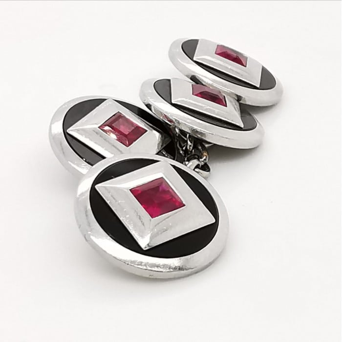 Art Deco Ruby, Black Onyx and Platinum Cufflinks, Circa 1930