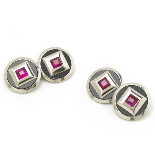 Art Deco Ruby, Black Onyx and Platinum Cufflinks, Circa 1930