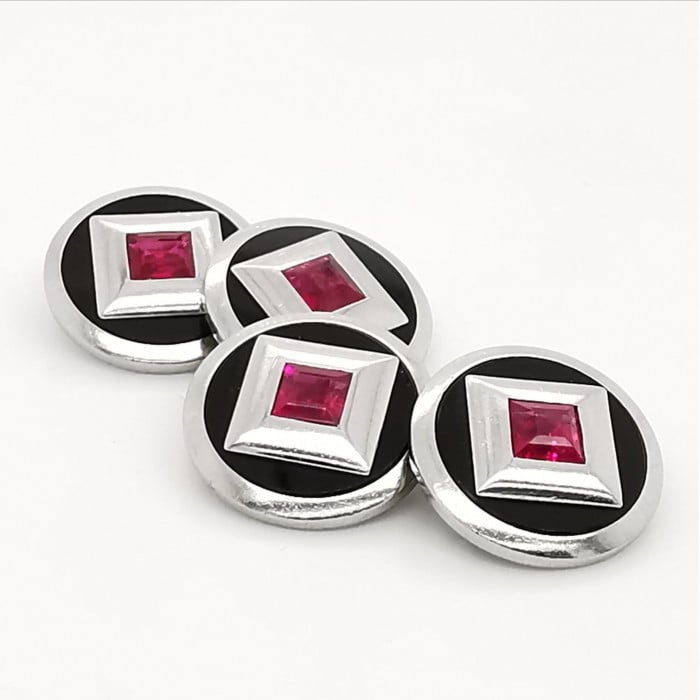 Art Deco Ruby, Black Onyx and Platinum Cufflinks, Circa 1930