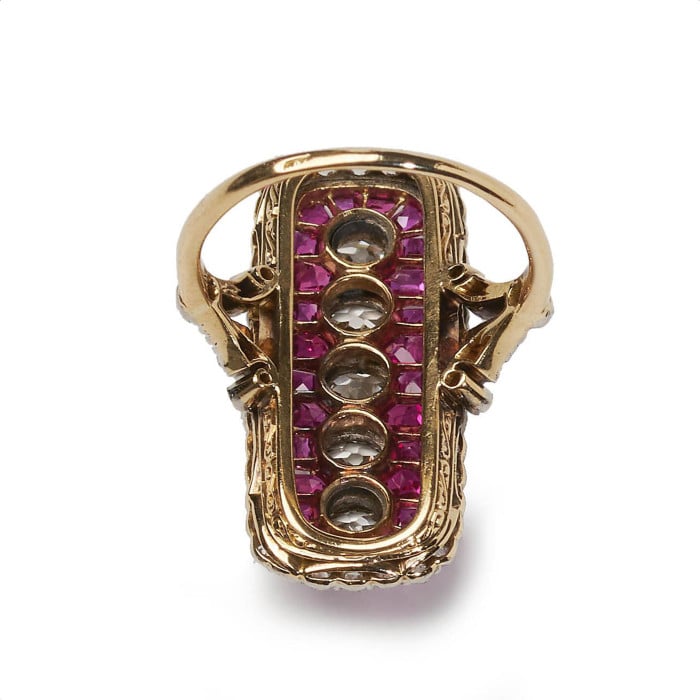 Art Deco Ruby, Diamond Gold and Platinum Plaque Ring, Circa 1920