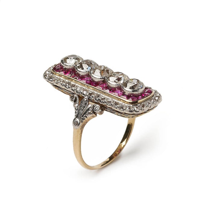 Art Deco Ruby, Diamond Gold and Platinum Plaque Ring, Circa 1920