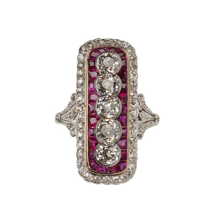 Art Deco Ruby, Diamond Gold and Platinum Plaque Ring, Circa 1920