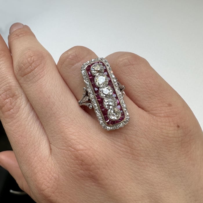 Art Deco Ruby, Diamond Gold and Platinum Plaque Ring, Circa 1920