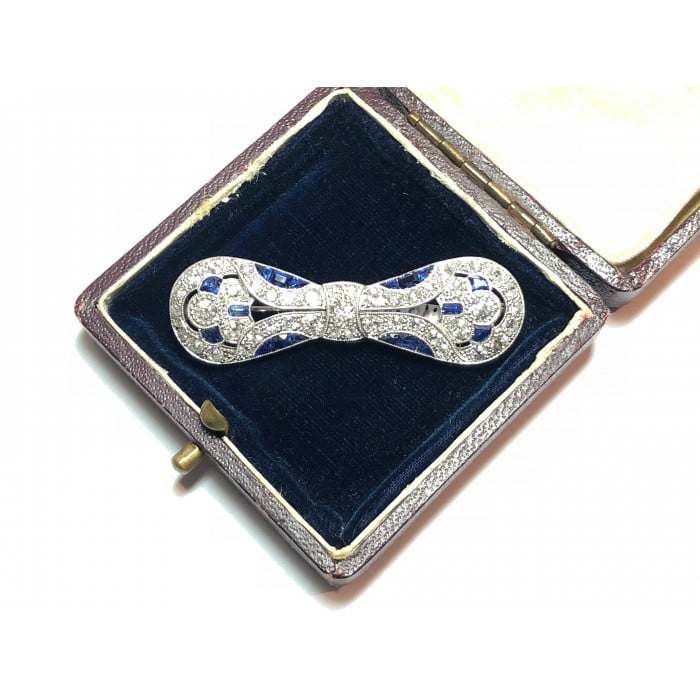 Art Deco Sapphire, Diamond and Platinum Bow Brooch, Circa 1930