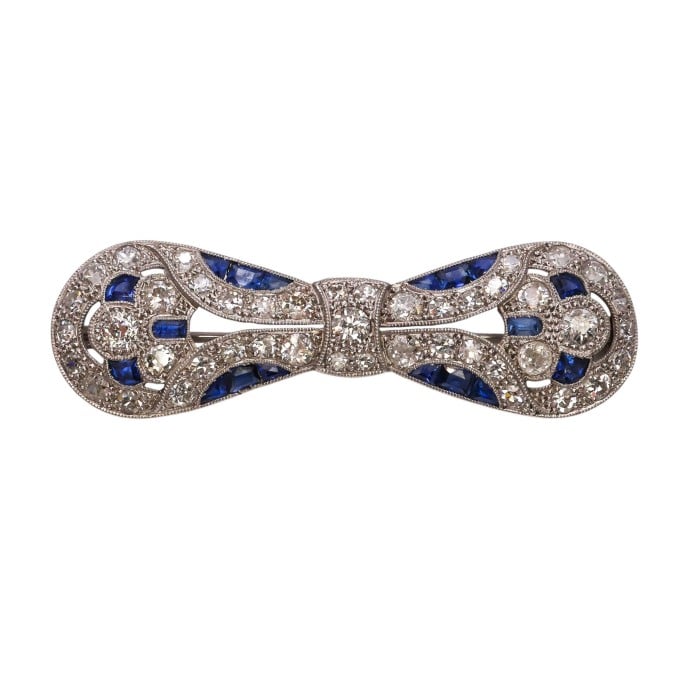 Art Deco Sapphire, Diamond and Platinum Bow Brooch, Circa 1930