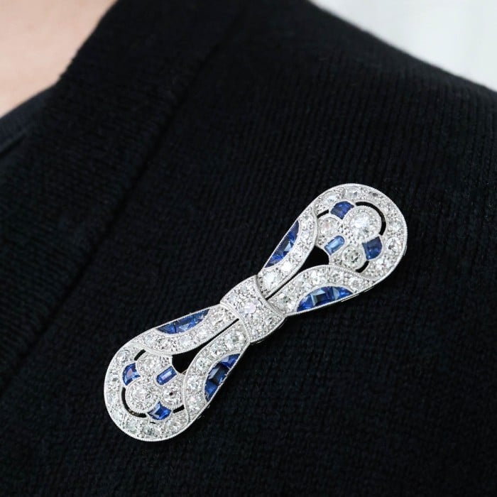 Art Deco Sapphire, Diamond and Platinum Bow Brooch, Circa 1930