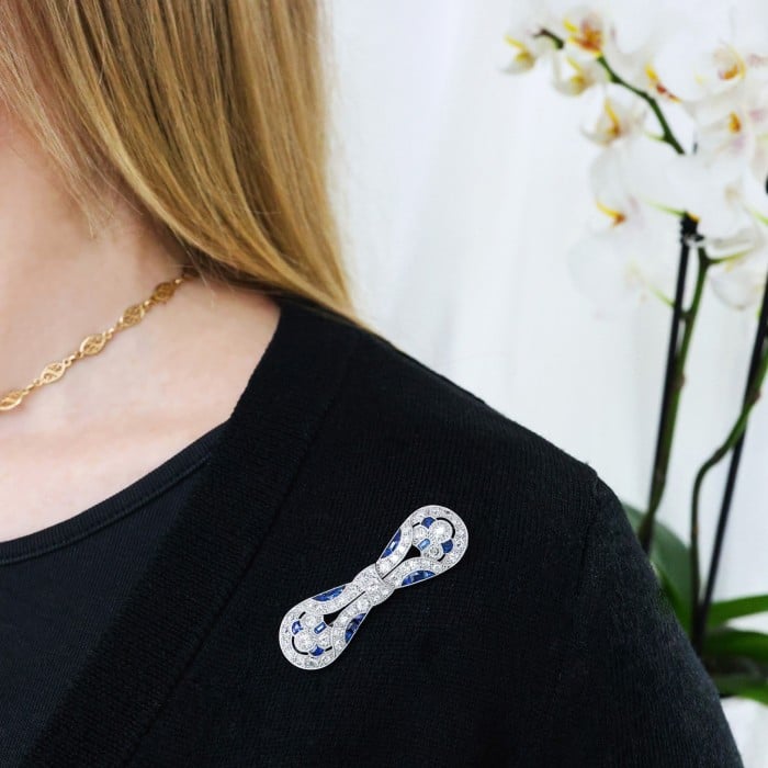 Art Deco Sapphire, Diamond and Platinum Bow Brooch, Circa 1930