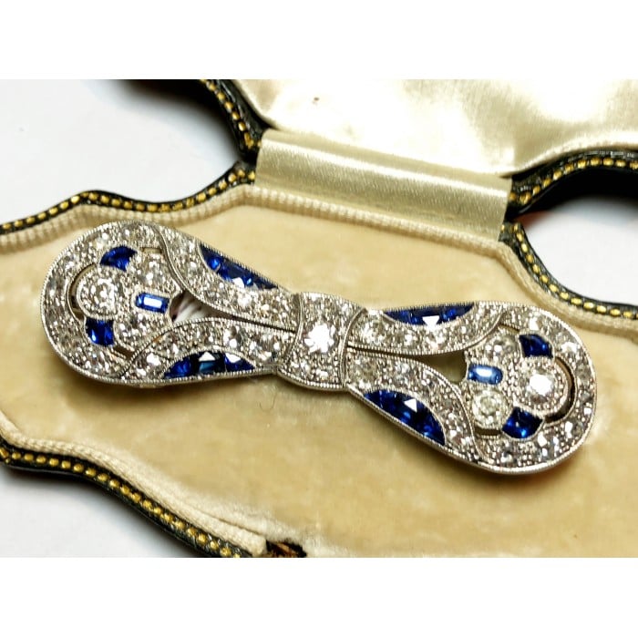 Art Deco Sapphire, Diamond and Platinum Bow Brooch, Circa 1930