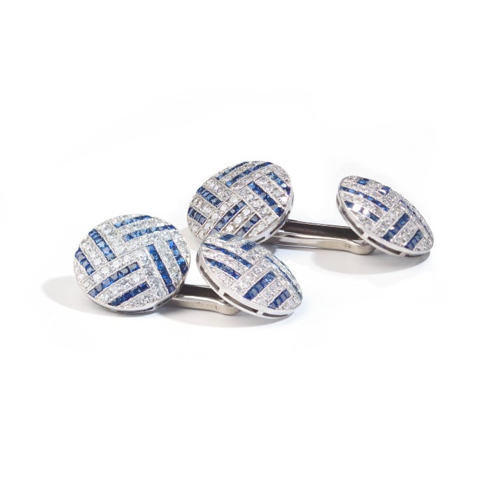 Art Deco Sapphire Diamond and Platinum Cufflinks, Circa 1935