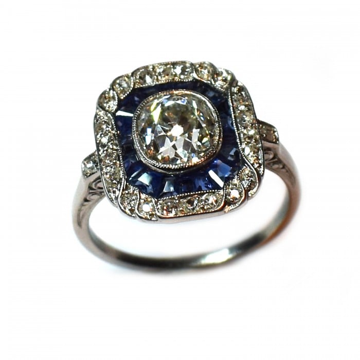 Art Deco Sapphire Diamond and Platinum Ring, 1.30ct