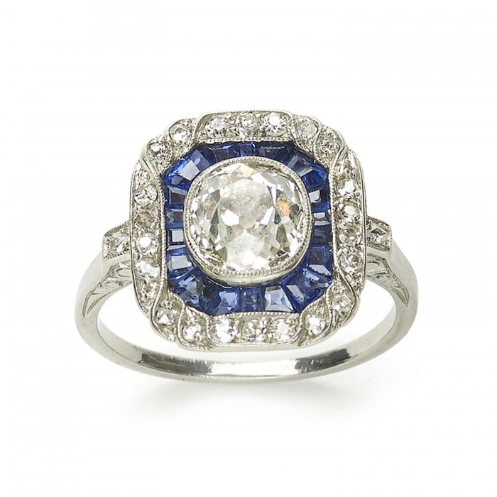Art Deco Sapphire Diamond and Platinum Ring, 1.30ct
