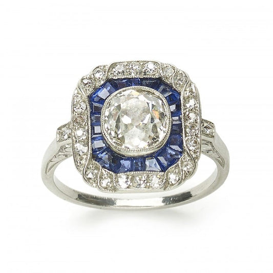 Art Deco Sapphire Diamond and Platinum Ring, 1.30ct