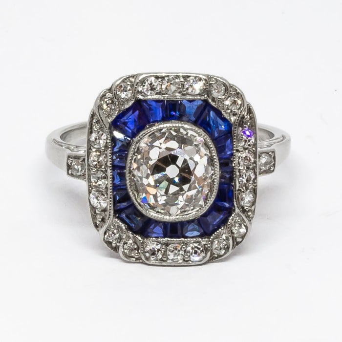 Art Deco Sapphire Diamond and Platinum Ring, 1.30ct