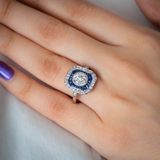 Art Deco Sapphire Diamond and Platinum Ring, 1.30ct