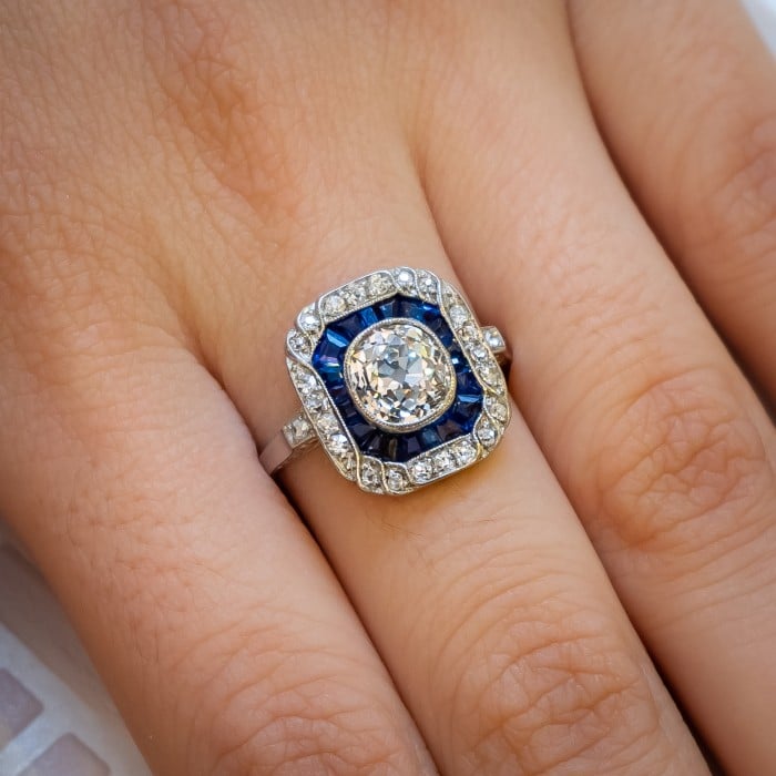 Art Deco Sapphire Diamond and Platinum Ring, 1.30ct