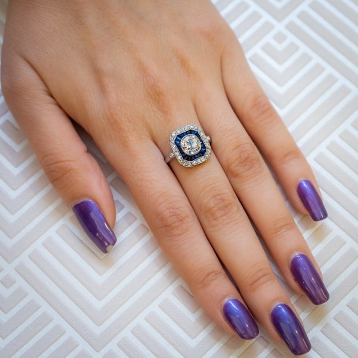 Art Deco Sapphire Diamond and Platinum Ring, 1.30ct