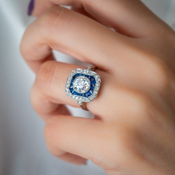 Art Deco Sapphire Diamond and Platinum Ring, 1.30ct