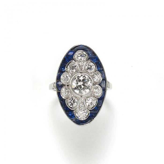 Art Deco Sapphire Diamond and Platinum Ring, Circa 1930