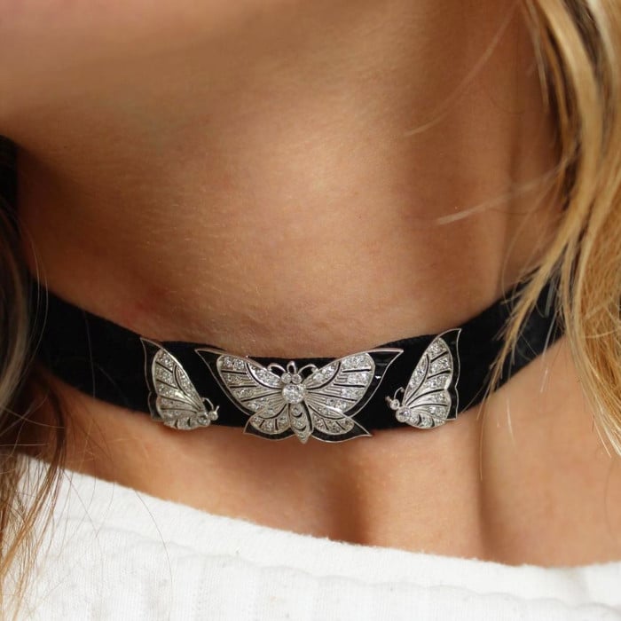 Art Deco Spaulding & Co. Diamond Black Onyx and Platinum Butterfly Choker, Circa 1925