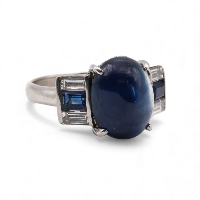 Art Deco Style Cabochon Sapphire, Diamond and Platinum Ring