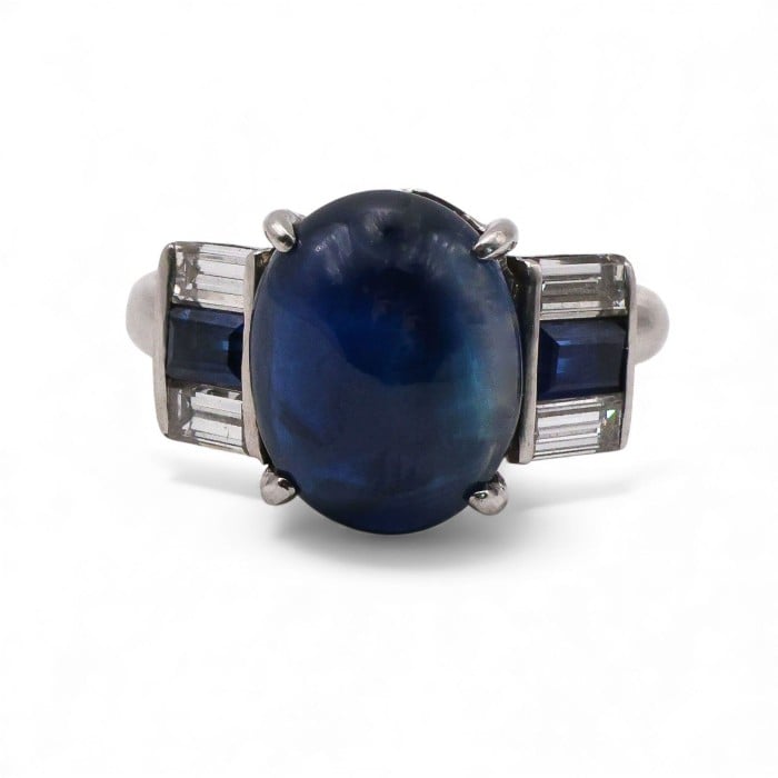 Art Deco Style Cabochon Sapphire, Diamond and Platinum Ring