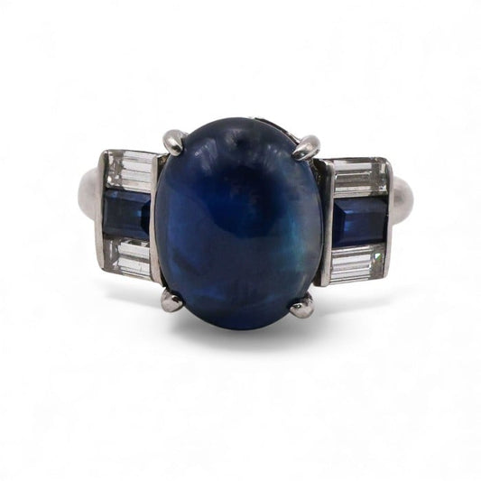 Art Deco Style Cabochon Sapphire, Diamond and Platinum Ring