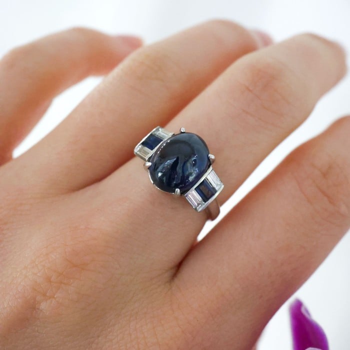 Art Deco Style Cabochon Sapphire, Diamond and Platinum Ring