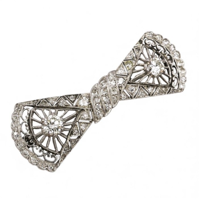 Art Deco Style Diamond and Platinum Bow Brooch
