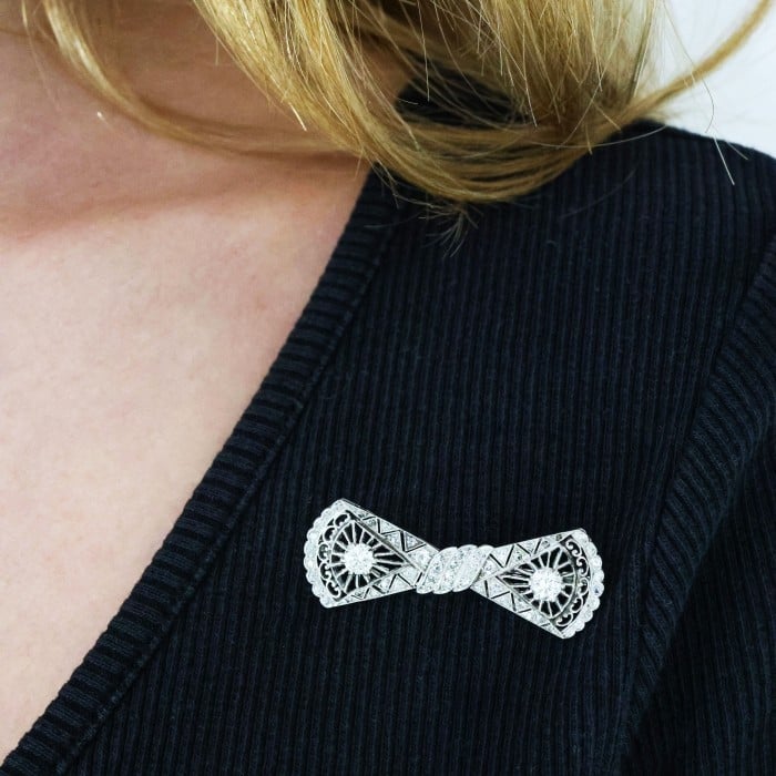 Art Deco Style Diamond and Platinum Bow Brooch