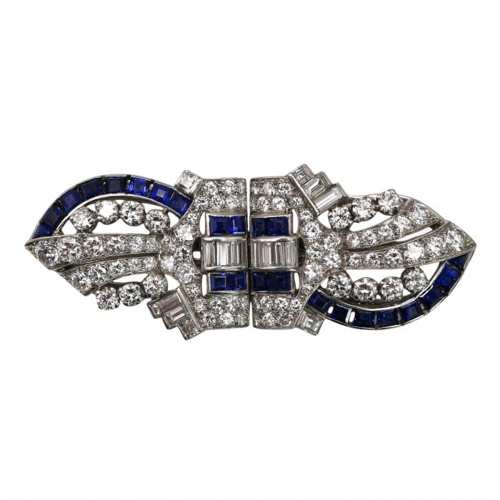 Art Deco Tiffany & Co. Sapphire Diamond and Platinum Double Clip Brooch, Circa 1930