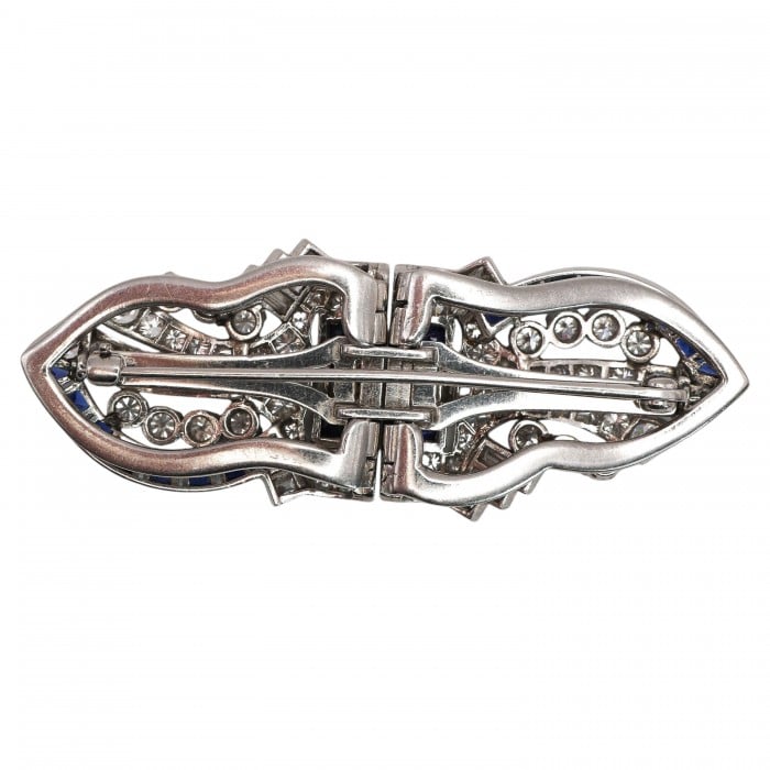 Art Deco Tiffany & Co. Sapphire Diamond and Platinum Double Clip Brooch, Circa 1930