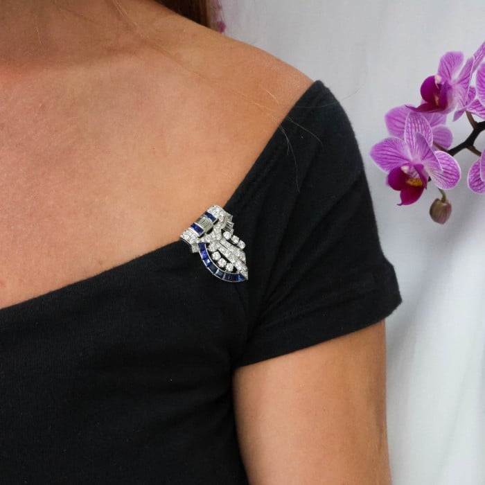 Art Deco Tiffany & Co. Sapphire Diamond and Platinum Double Clip Brooch, Circa 1930