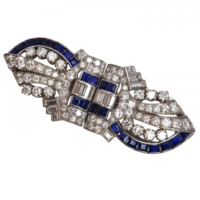 Art Deco Tiffany & Co. Sapphire Diamond and Platinum Double Clip Brooch, Circa 1930
