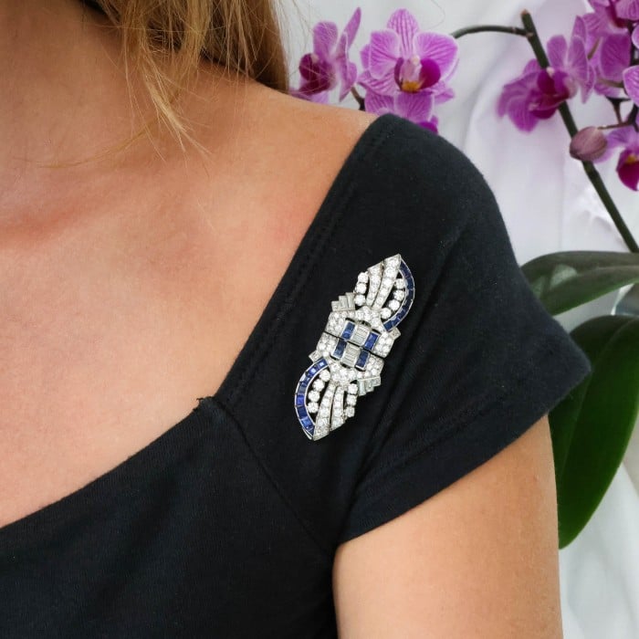 Art Deco Tiffany & Co. Sapphire Diamond and Platinum Double Clip Brooch, Circa 1930