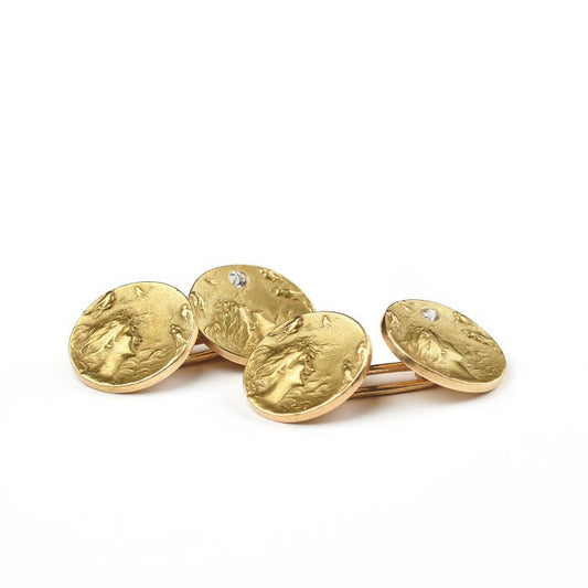 Art Nouveau Diamond and Gold Lady and Bird Cufflinks, Circa 1900