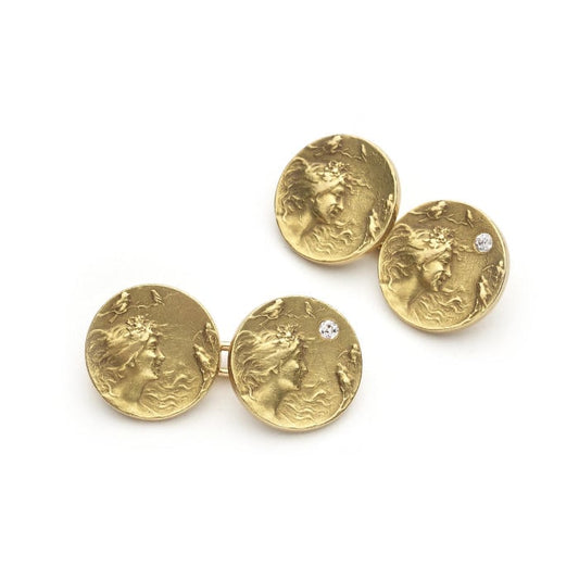 Art Nouveau Diamond and Gold Lady and Bird Cufflinks, Circa 1900