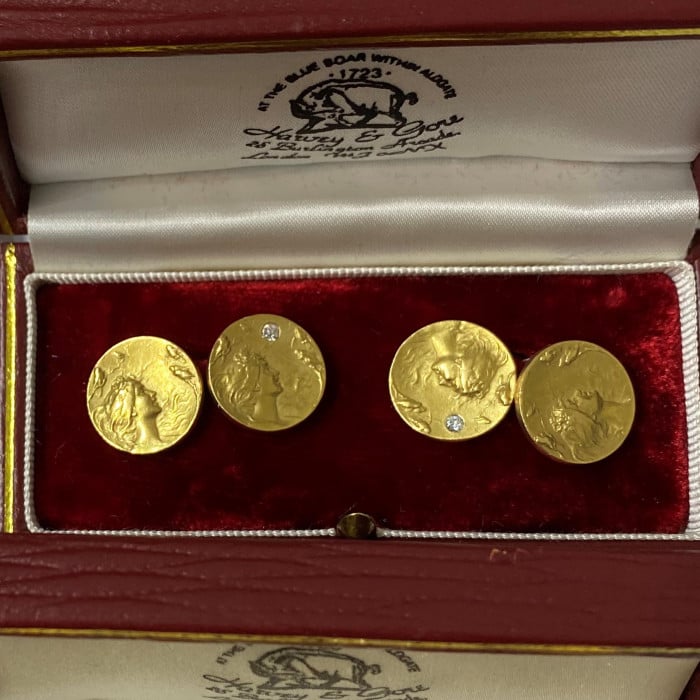 Art Nouveau Diamond and Gold Lady and Bird Cufflinks, Circa 1900