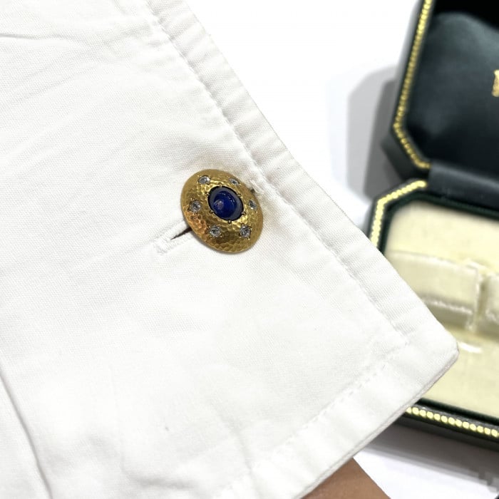 Austrian Sapphire, Diamond and Hammer Finish Gold Cufflinks