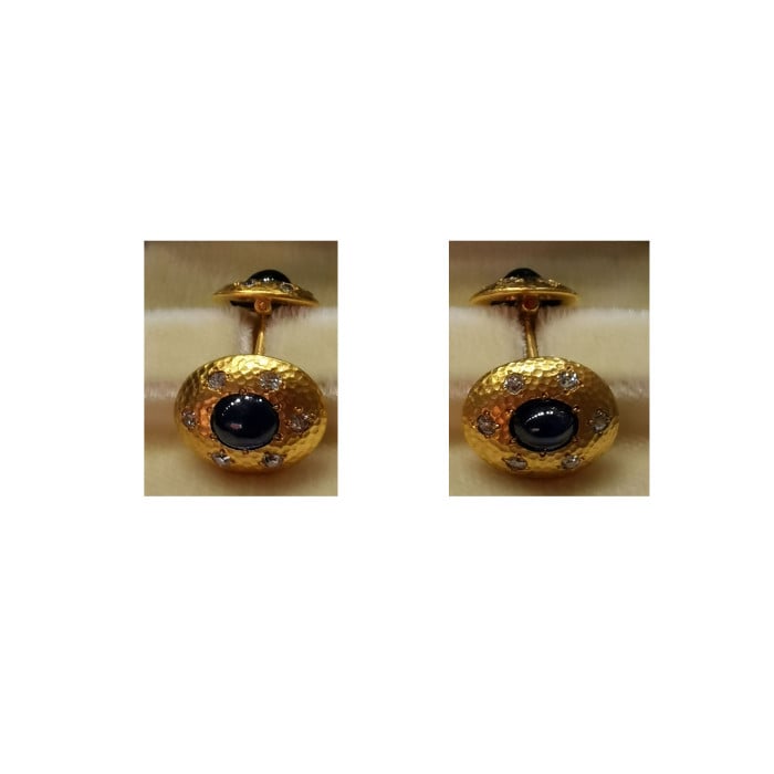 Austrian Sapphire, Diamond and Hammer Finish Gold Cufflinks