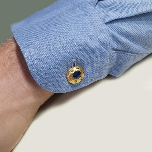 Austrian Sapphire, Diamond and Hammer Finish Gold Cufflinks