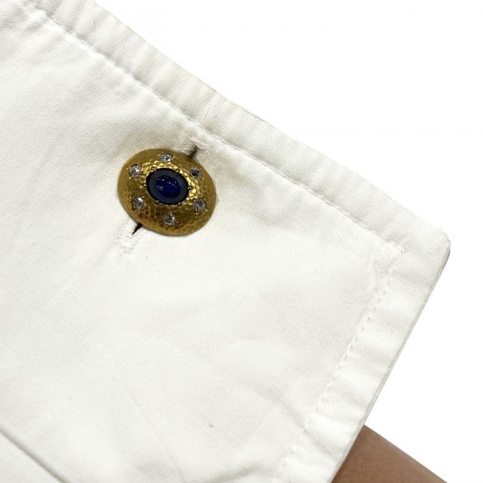 Austrian Sapphire, Diamond and Hammer Finish Gold Cufflinks