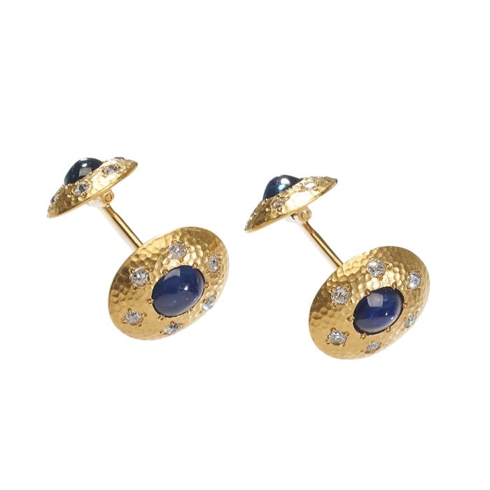 Austrian Sapphire, Diamond and Hammer Finish Gold Cufflinks