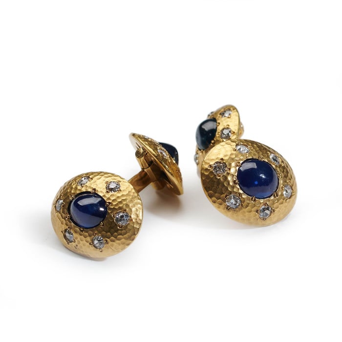 Austrian Sapphire, Diamond and Hammer Finish Gold Cufflinks
