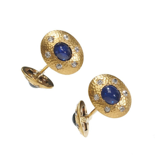 Austrian Sapphire, Diamond and Hammer Finish Gold Cufflinks